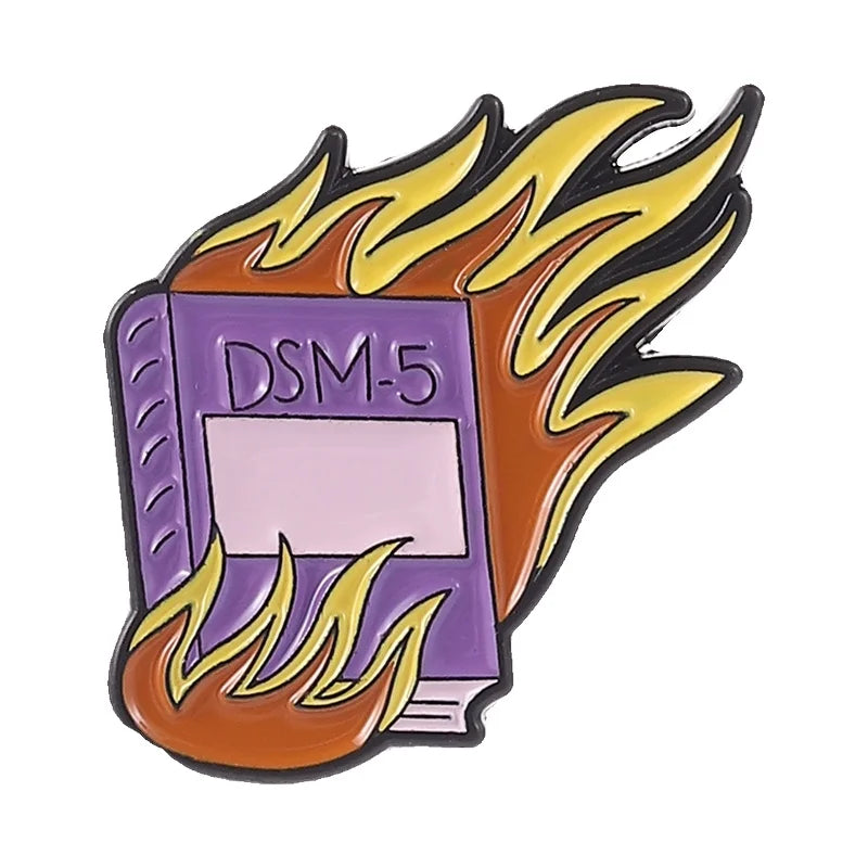 Burning Book Enamel Pins DSM-5 in Fire Brooches Lapel Badge Mental Disorders Jewelry Accessory Gifts for Friends